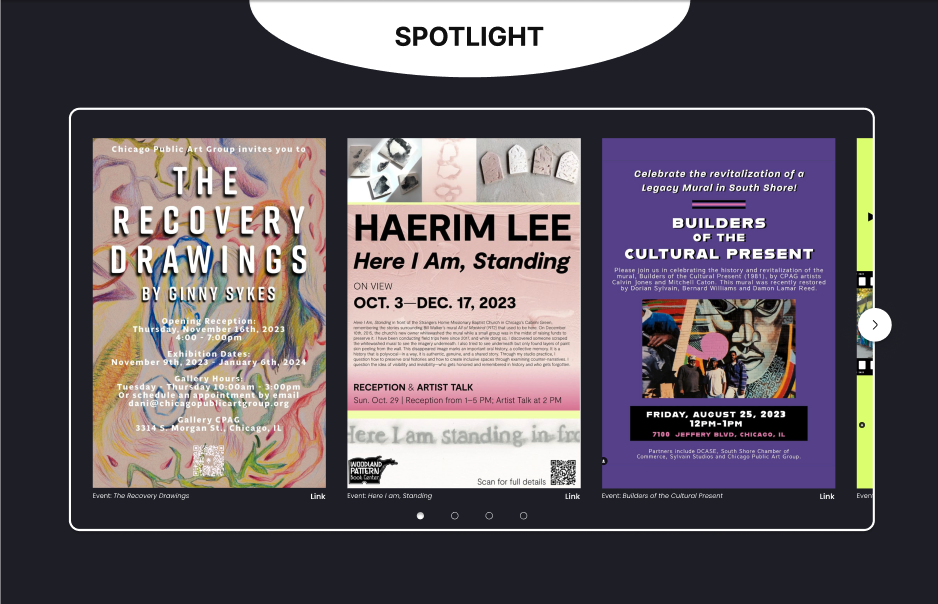 The redesigned Spotlight section: an image carousel of event posters with captions and links.