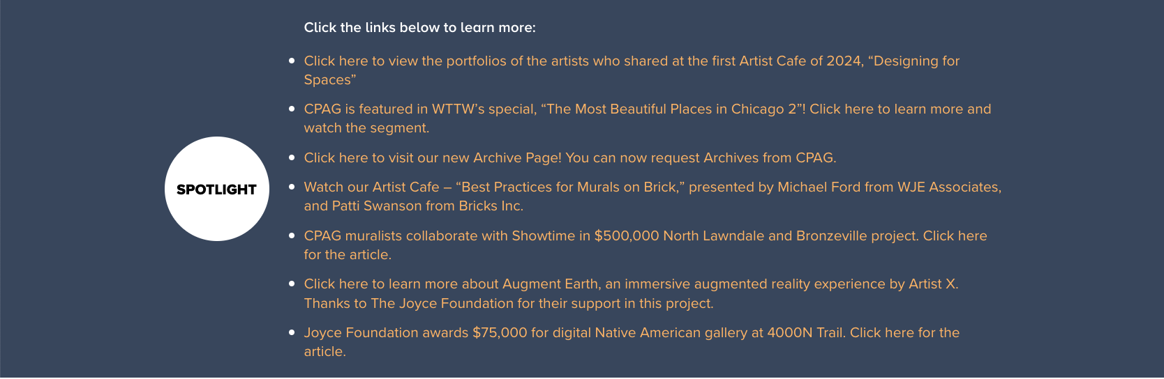 The original Spotlight section: a dense bulleted list of blue text links on a dark panel.