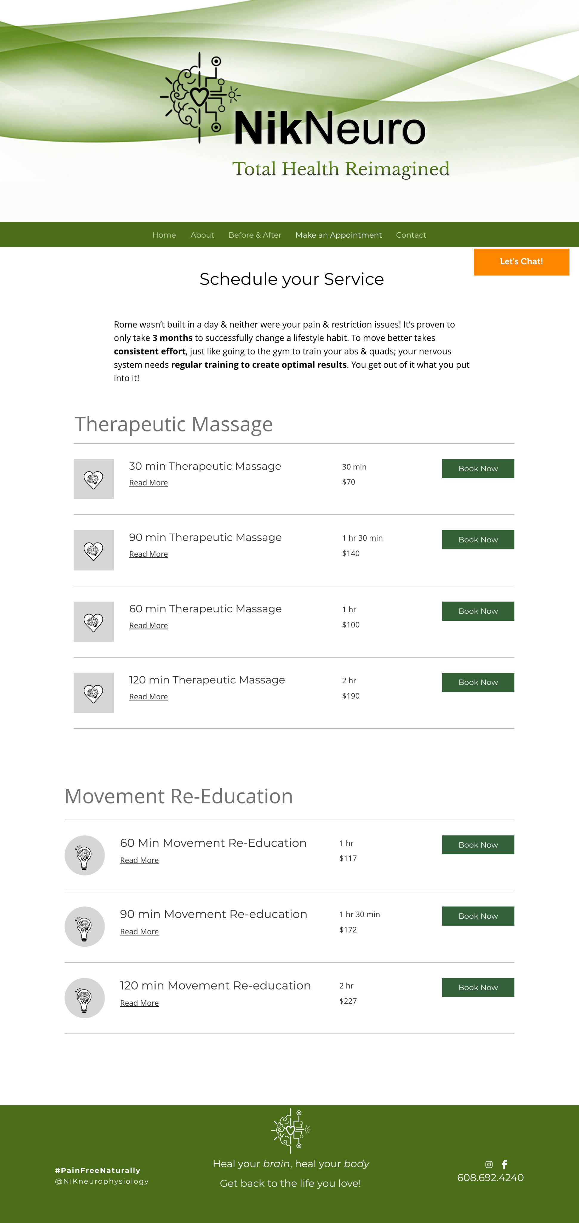 The rebuilt Nik Neuro scheduling page: unified typography, clearly listed services, durations and prices.