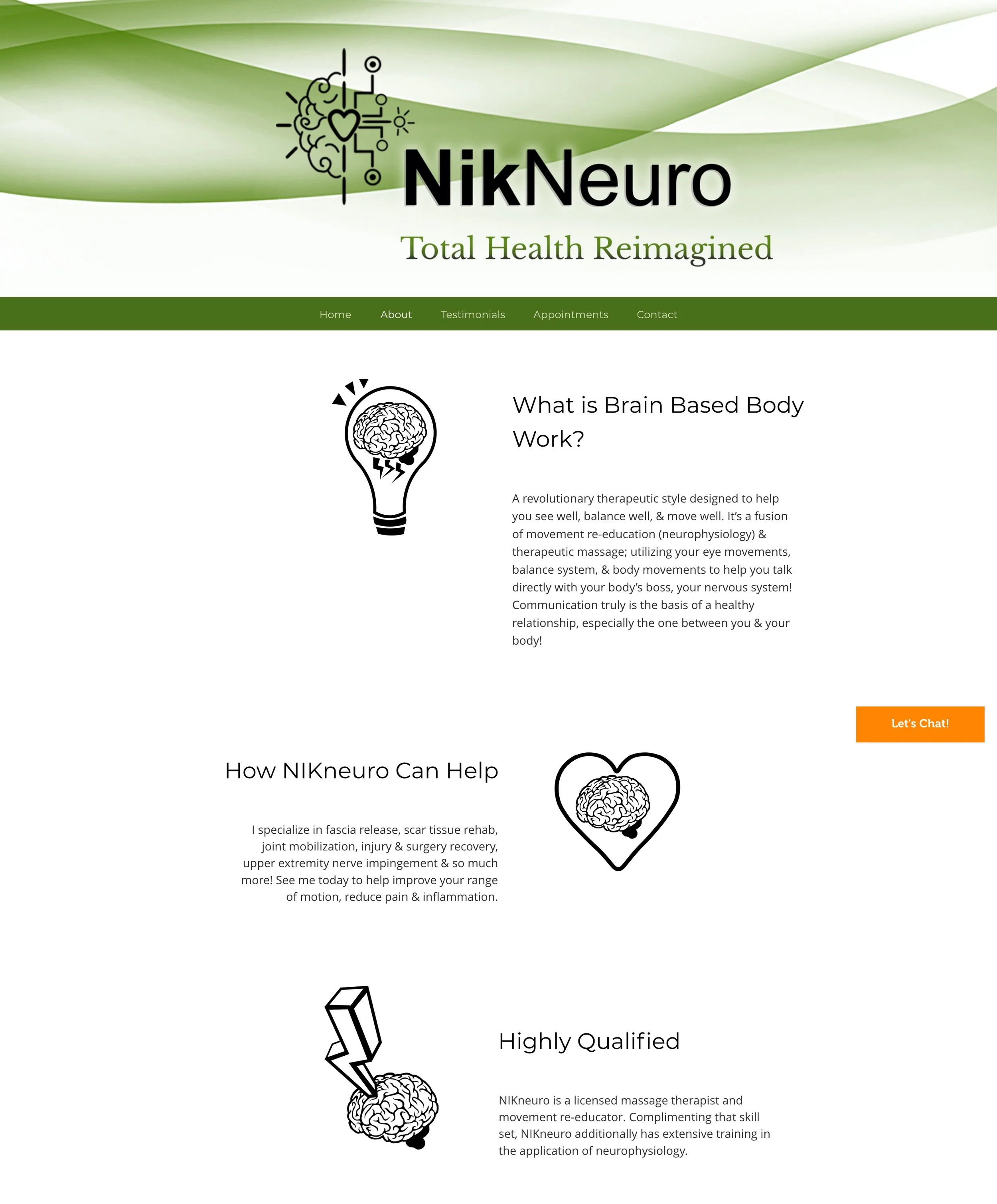 The redesigned About page: shorter copy, clear headings and a current portrait.