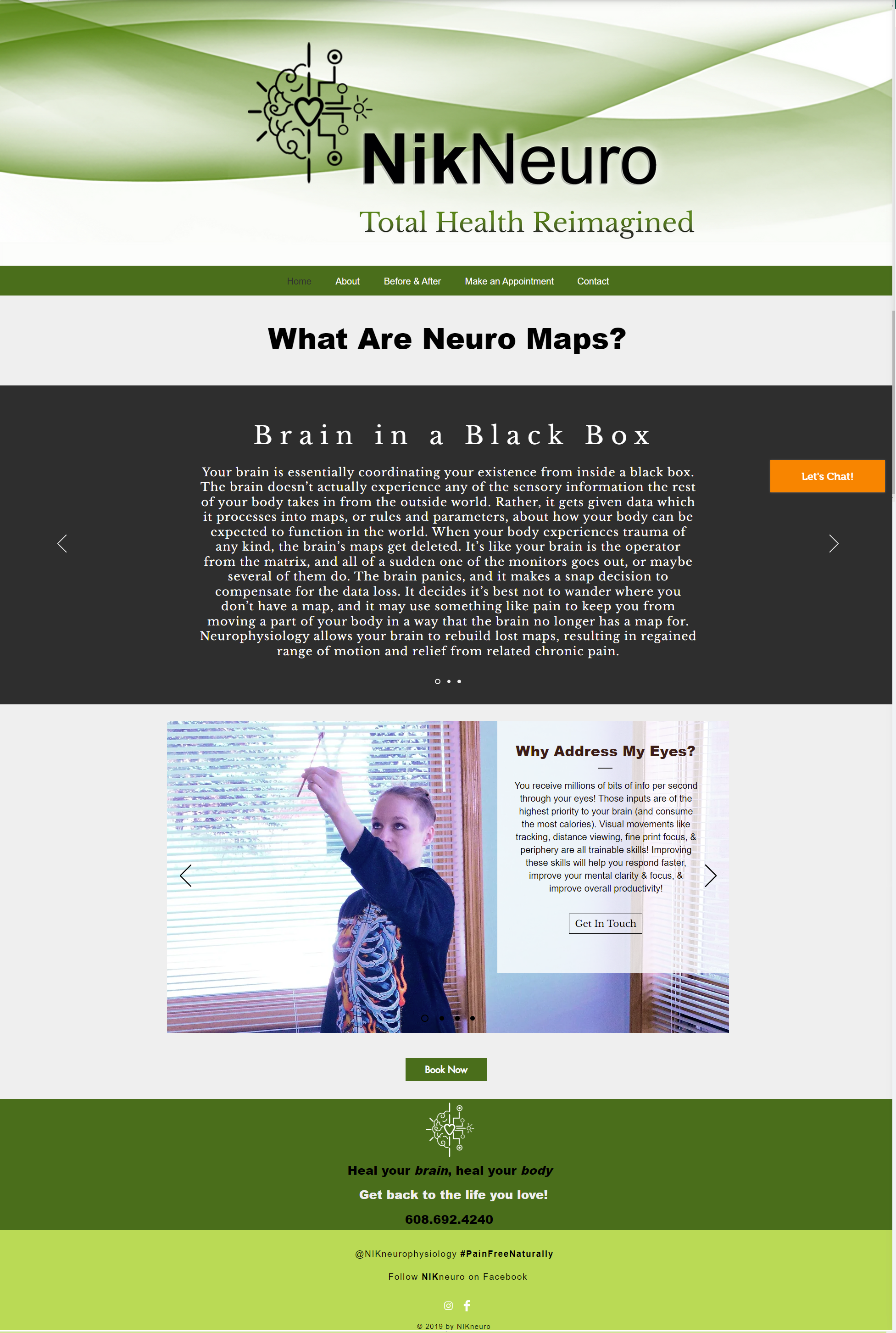 The original Nik Neuro homepage: dark banded sections, mixed typefaces and a wall of small text.