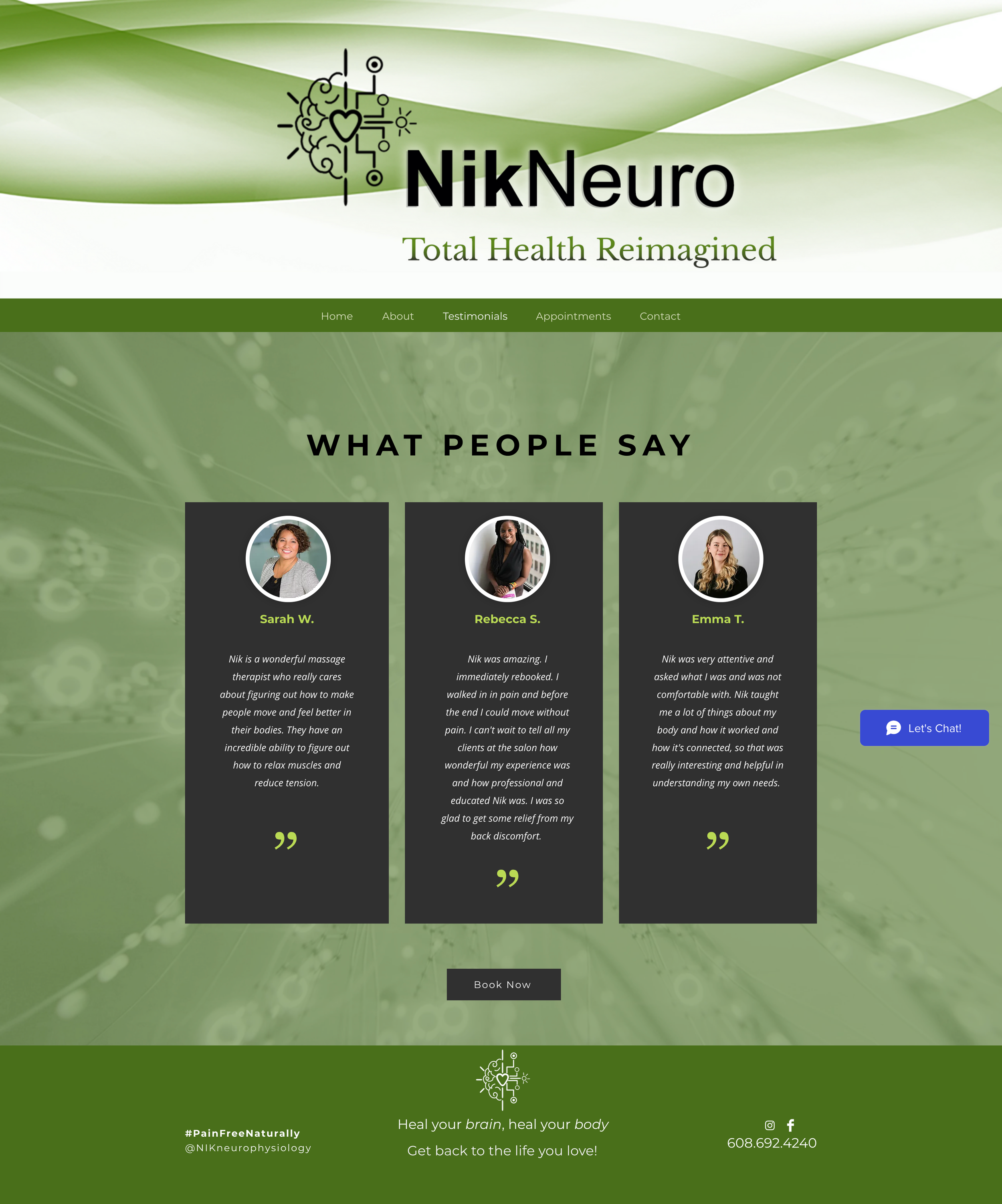 The redesigned Testimonials page with quotes shown as plain, readable text.