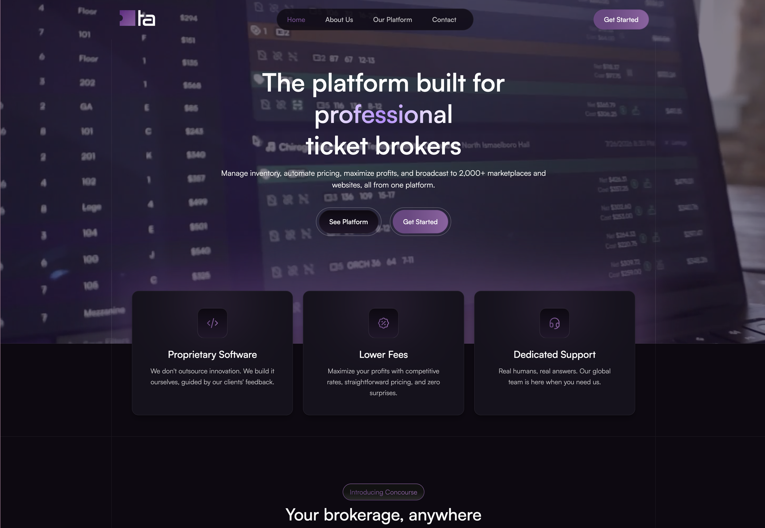 The rebuilt website: a dark hero reading 'The platform built for professional ticket brokers' with two clear calls to action.