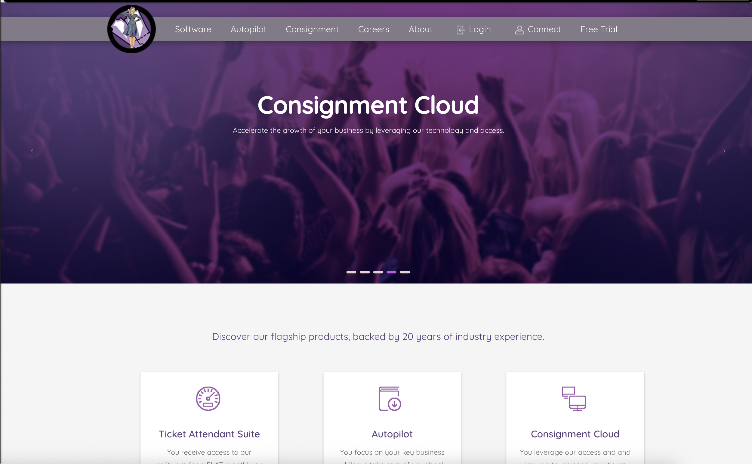 The old Ticket Attendant website: a purple concert-crowd hero, a crowded navigation bar and the old circular logo.